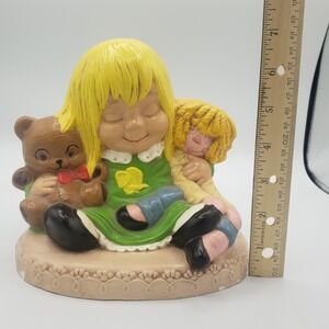Vintage 1978 Hanpainted Ceramic Blonde Girl with Rag Doll and Teddy Bear Bank